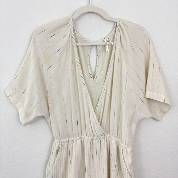 Anthro Feather Bone Womens Soleil Wrap Front Stripe Jumpsuit Sz S Metallic Ivory - Picture 4 of 10